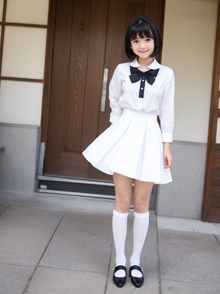 White knee-high socks、White dress shirt、White mini skirt、White pumps、Japanese women、whole body、Black Hair、short hair、Standing posture、smile、One girl, High resolution, Gaze, Anatomically correct, Highest quality、10 years old