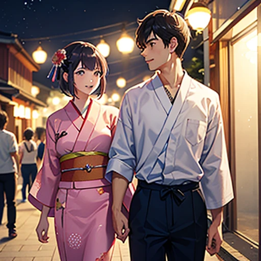 A couple going on a date at the Tanabata Festival, A woman wearing a yukata, A man wearing a men&#39;s yukata, Laugh together, Hanging a piece of paper with your wish written on it on a bamboo pole, Anime Style, landscape, 七夕祭りのlandscapeを見せる, Create a romantic atmosphere