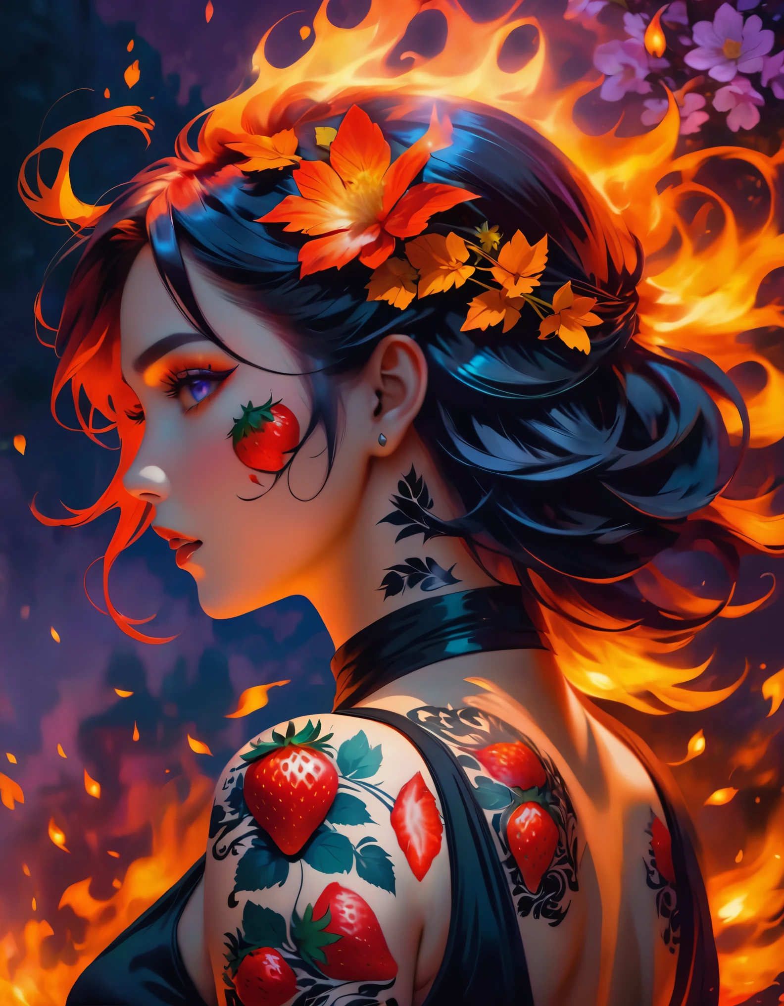Arafed, Dark fantasy art, fantasy art, goth art, a picture of a tattoo on the back of a female elf, a glowing tattoo of a ((strawberry: 1.3)) on the elf's back, the ((strawberry tattoo: 1.3)) is vivid, intricate detailed, GlowingRunesAI_purple, ((fire surrounds the strawberry tattoo: 1.5)), shoot taken from the back, ((the back is visible: 1.3), she wears a transparent black dress, the dress is elegant, flowing, elven style, that the tattoos glow, dynamic hair color, dynamic hair style, vibrant, Ultra-high resolution, High Contrast, (masterpiece:1.5), highest quality, Best aesthetics), best details, best quality, highres, 16k, (ultra detailed: 1.5), masterpiece, best quality, (extremely detailed) RAW, (ultra details, Masterpiece, best quality) faize, Digital Painting,
