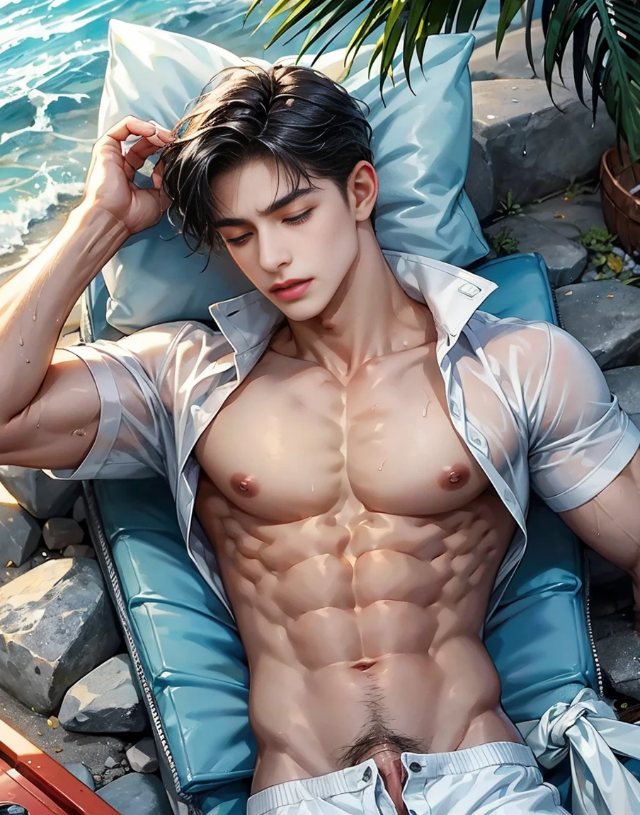 A handsome 20 years old man, muscular and slim, model , found lying on the seashore unconcious, eyes are closed and in pain, sexy and toned body, wet ripped shirt, exposed penis