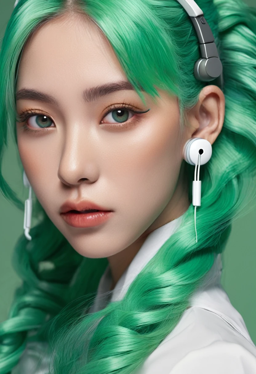 Girl with long green hair, greeneyes, futuristic vibes, mouth mask, earbuds, 8k, high qualiy, simple background, glare eyes, boa pose