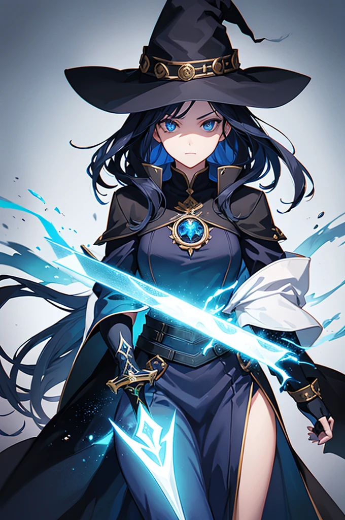 Woman, mage, long dark blue hair with, badass magician clothes, arcanist, mage black hat, sword
