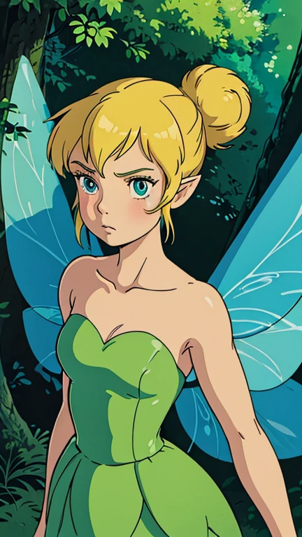 (a girl as TinkerWaifu), (extremely detailed CG unit 8k wallpaper),(master part), (best quality), (ultra detail), (best illustration),(ghibli style), cowboy shot,(Sharp eyeliner, ombre, detailed eyes:1), outdoor, Disney Neverland, GHIBLI_Background,break,upper body, single hair bun
strapless green dress
fairy wings