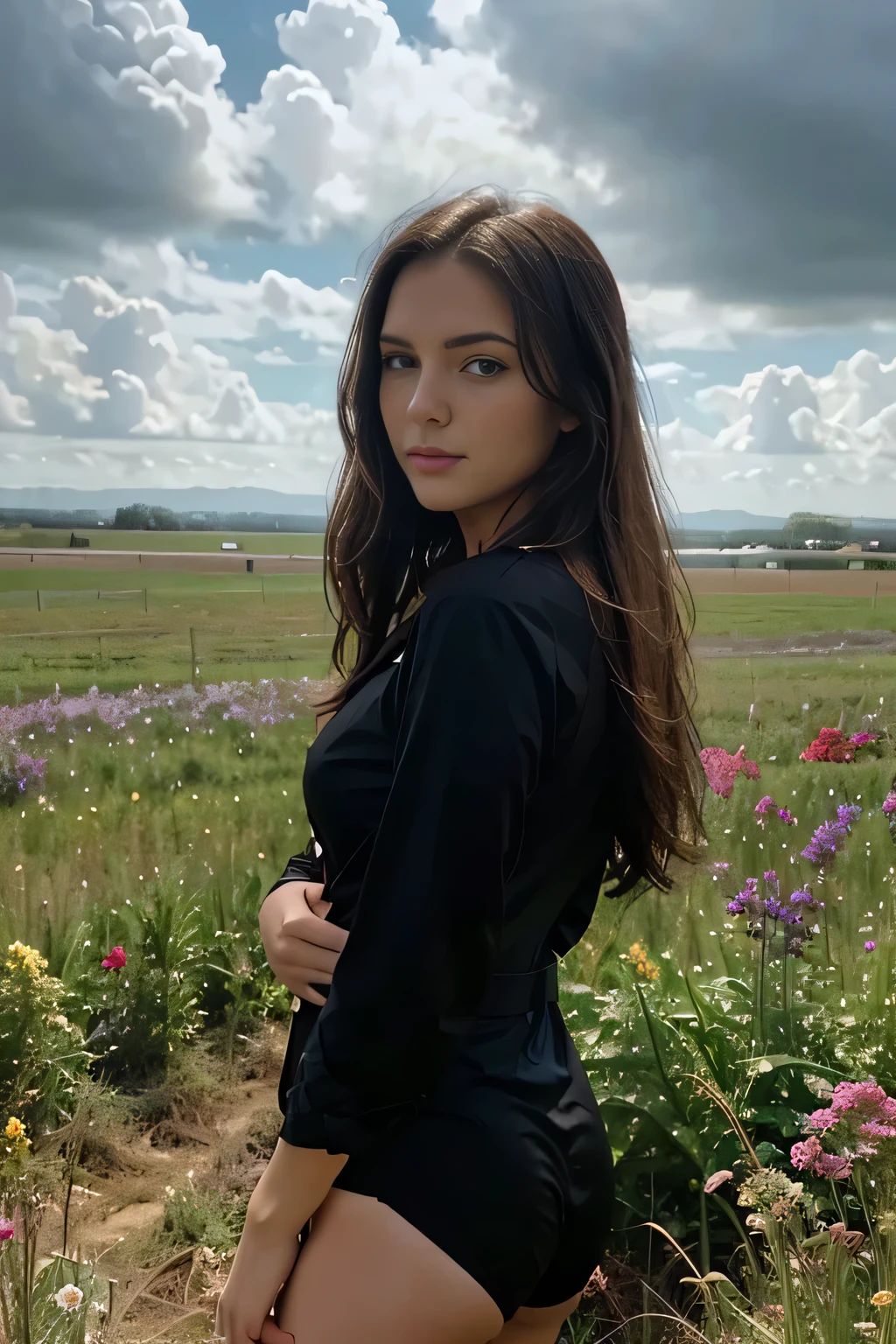 Brunette in black one piece in field of flowers with cloudy sky, brunette, 21 years old, slight smile, alluring, sexy pose