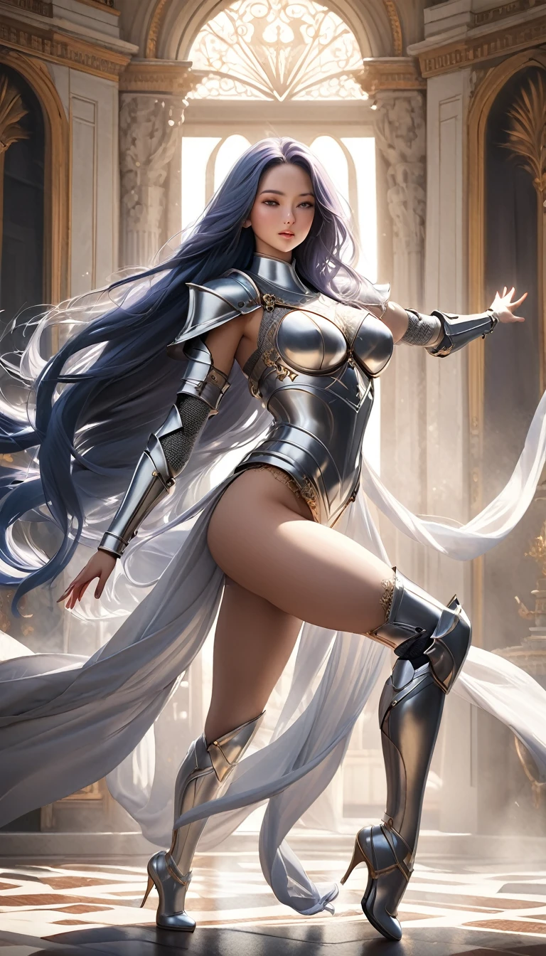 Highest quality, Realistic, photoRealistic, Award-winning photography, (Intricate details, royal palace: 1.2), (Subtle details), (Intricate details), (Cinematic Light, Super sexy long hair woman, knight, , huge bouncing chests, sexy long legs, dynamic sexy pose, Knight&#39;s attire, Colorful and intricately constructed armor, knight, leg armor, Red Cape, Upper body close-up),