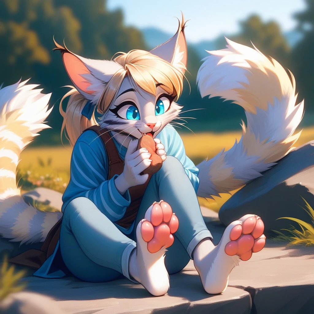 Solo, score_9,score_8_up,score_7_up, source_furry, Kat, Anthro furry feline girl, tall body, hourglass figure, adult female, blue eyes, silver fur, blonde hair with pony tail, (striped tail), white whiskers, pink nose, wearing simple blue long sleeve tunic, light brown fitted pants, barefoot, feet paws, 4 toes, pink paw pads, foot focus, she is holding a brown boot, she is smiling, mouth open, looking relieved, sitting on a rock, outdoors, sunny day haciendo sexo oral un human