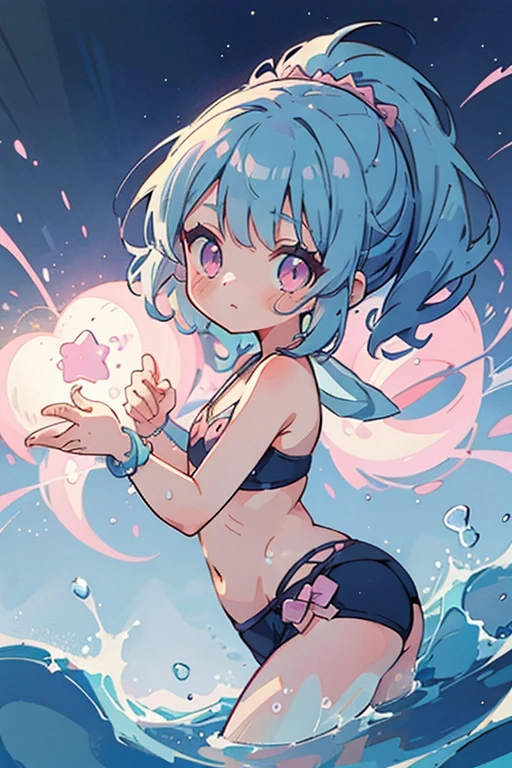 1 small girl, anime style, whole body, little, cute, blue hair, pink eyes, pastel colors, stars, water, white background, dynamic pose, dynamic composition, girl with a swimming ring, water