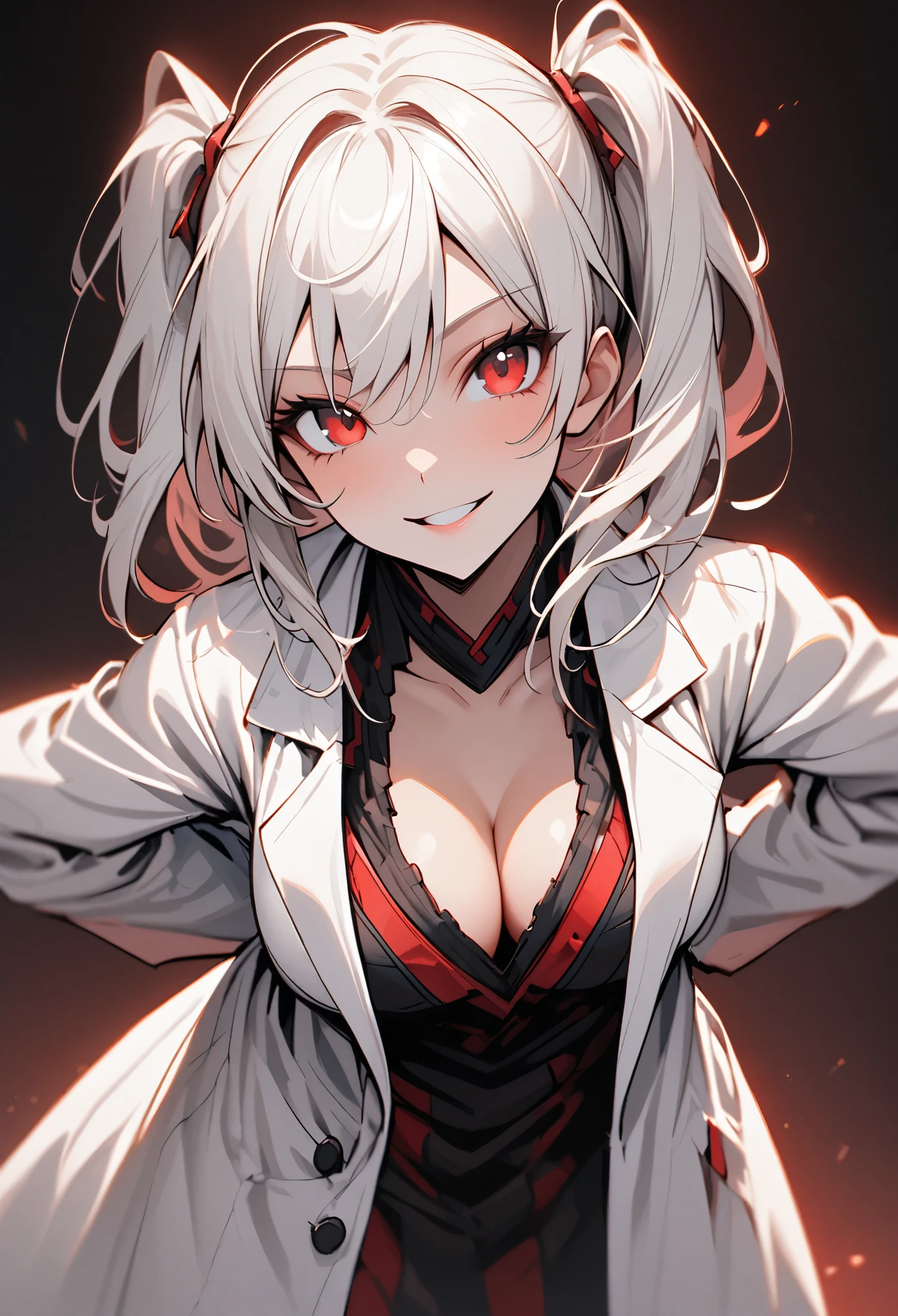 solo, female, tall, red eyes, long white hair, twin tails, mischievous smile, fun pose, very large breasts, close up, medium shot, tomboy, fun pose, arms behind back, teasing pose, white lab coat, leaning forward, cleavage:0.3