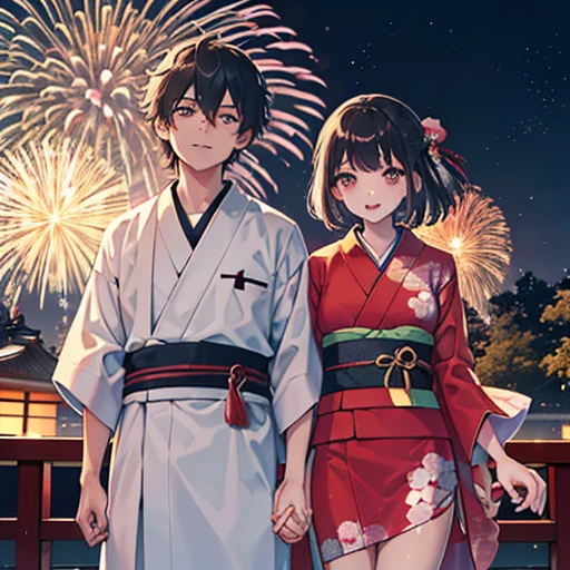 (Indian man olive skin tone) and      (Japanese Girls) wearing kimono holding hands as they watch the fireworks festival in Japan night time, Background text