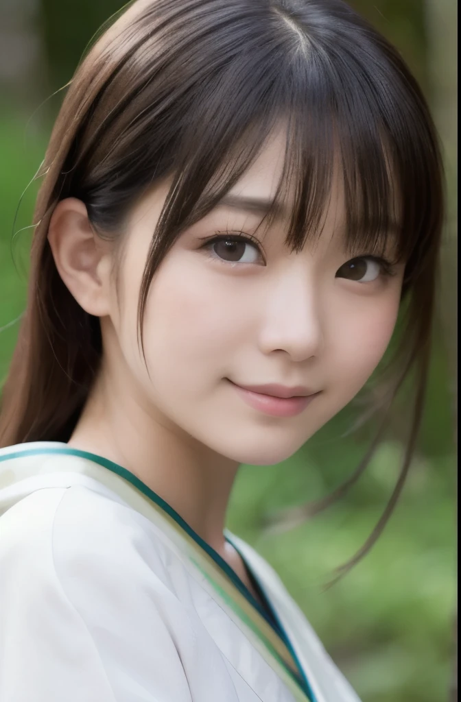 best quality, face focus, soft light, ultra high res, (photorealistic:1.4), RAW photo,(Shinozaki Ai), white skin, kawaii,
1 Japanese girl, solo, cute, (smile), (pupil, lights in the eyes), detailed beautiful face, Medium-sized breasts,(high resolution detail of human skin texture),(long hair),(portrait), upper body, white traditional kimono, in the forest,