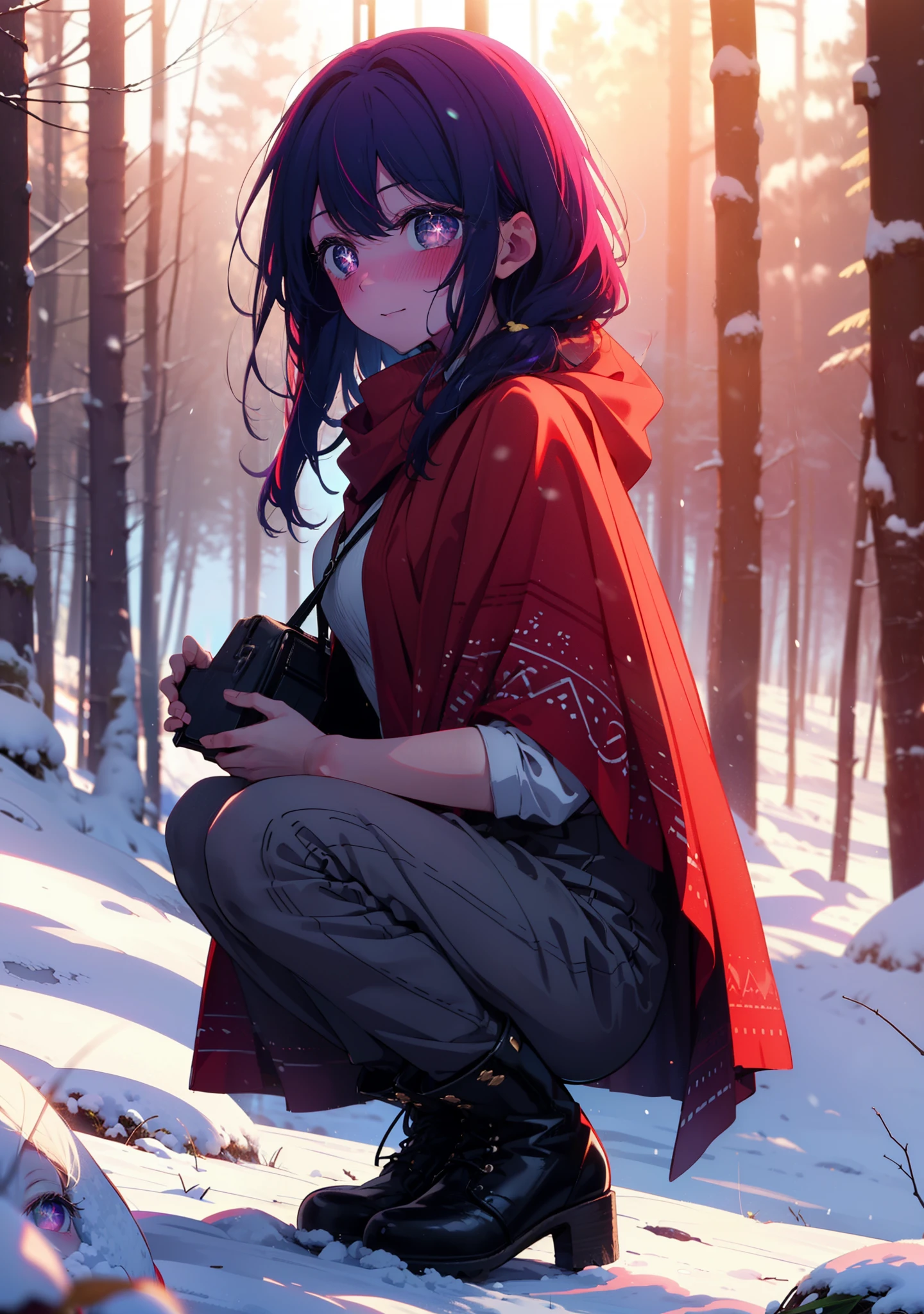 aihoshino, Ai Hoshino, Long Hair, bangs, (Purple eyes:1.1), Purple Hair, (Symbol-shaped pupil:1.5), smile,,smile,blush,white breath,
Open your mouth,snow,Ground bonfire, Outdoor, boots, snowing, From the side, wood, suitcase, Cape, Blurred, , forest, White handbag, nature,  Squat, Mouth closed, Cape, winter, Written boundary depth, Black shoes, red Cape break looking at viewer, Upper Body, whole body, break Outdoor, forest, nature, break (masterpiece:1.2), Highest quality, High resolution, unity 8k wallpaper, (shape:0.8), (Beautiful and beautiful eyes:1.6), Highly detailed face, Perfect lighting, Extremely detailed CG, (Perfect hands, Perfect Anatomy),