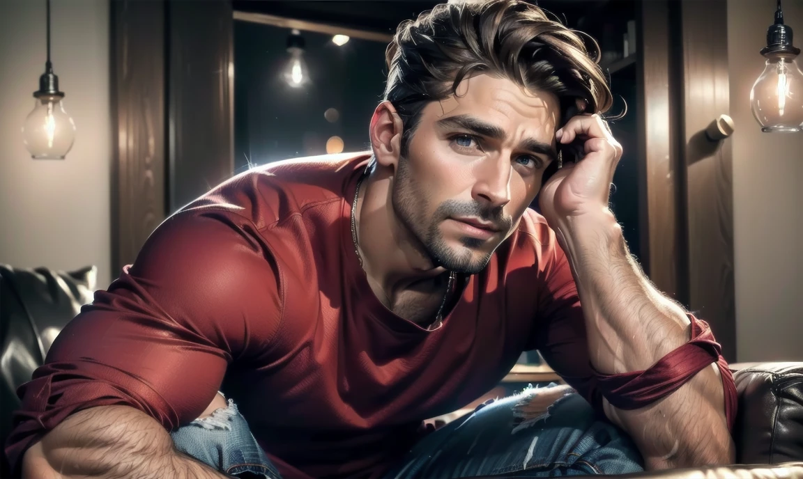 "((highly detailed, detailed eyes, detailed face, clear and realistic facial features, photorealistic, realistic light; cinematic)), (1 man), ((((cozy studio background)))), (((sophisticated gorgeous refined male artist))), ((37-year-old man)), ((strangely beautiful yet masculine)), ((((intense fascinated expression)))), ((seductive mood)), (((hazel brown eyes))), ((long wavy brunette hair tied half up)), (((dressed in a red shirt and jeans)))."