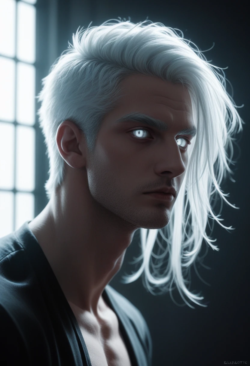 Insanely detailed photograph of a gorgeous vampire man, Gothic Revival, long and voluminous white hair, intricate white eyes, Fantastic, vampire, ethereal, hyperdetailed, 32k resolution, dynamic lighting, hyperdetailed, intricately detailed, trend in artstation, triadic colors, volumetric lighting, BalenciagaStyle
