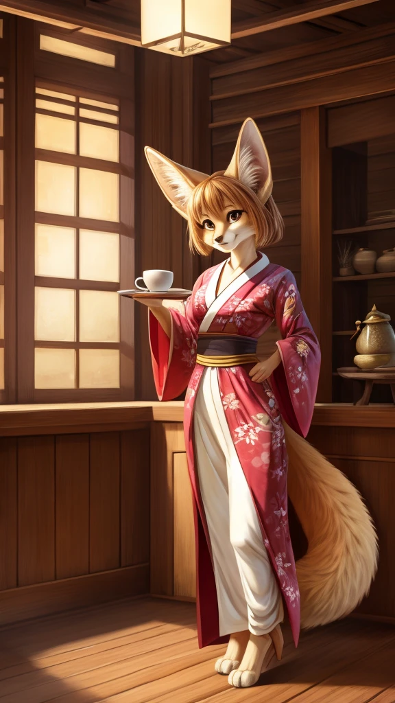 Uploaded to e621, fennec fox, female, kimono, serving tea, medium breasts, medium waist, medium hips, medium butt, hazel eyes, tall, medium hair, digital art, furry art, masterpiece, illustrations, definition, high quality, tea house,
