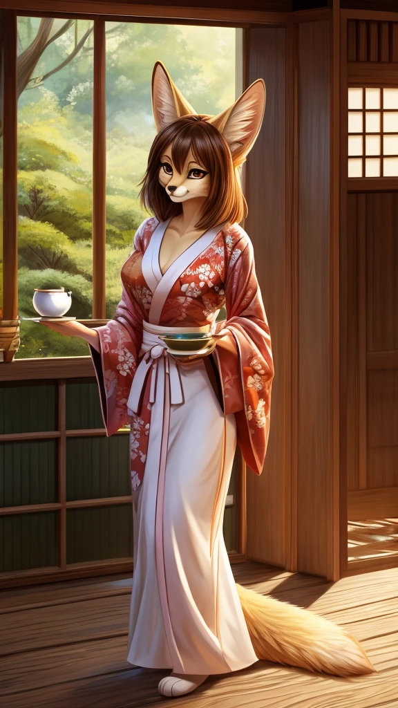 Uploaded to e621, fennec fox, female, kimono, serving tea, medium breasts, medium waist, medium hips, medium butt, hazel eyes, tall, medium hair, digital art, furry art, masterpiece, illustrations, definition, high quality, tea house,