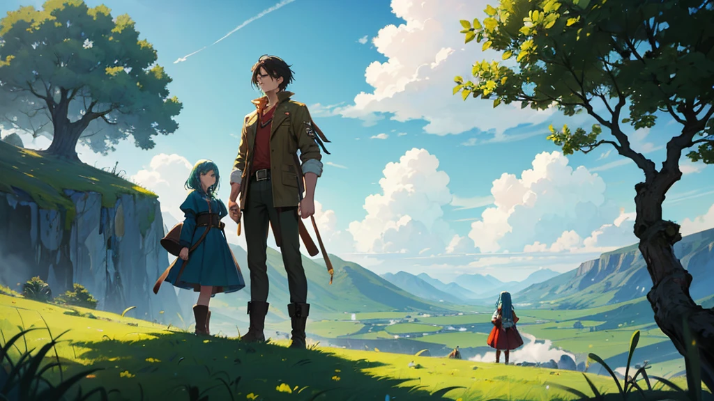 man holding a burning skull on a green plateau with a blue sky, and with two girls by his side
