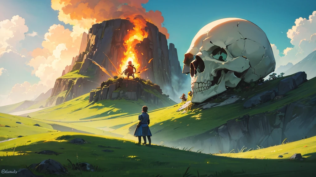 man holding a burning skull on a green plateau with a blue sky, and with two girls by his side
