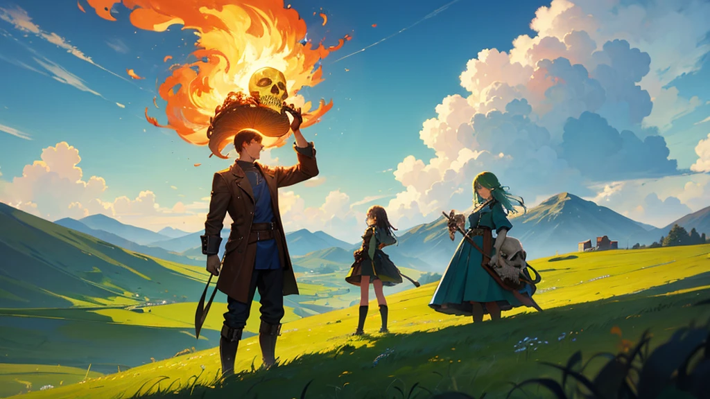 man holding a burning skull on a green plateau with a blue sky, and with two girls by his side
