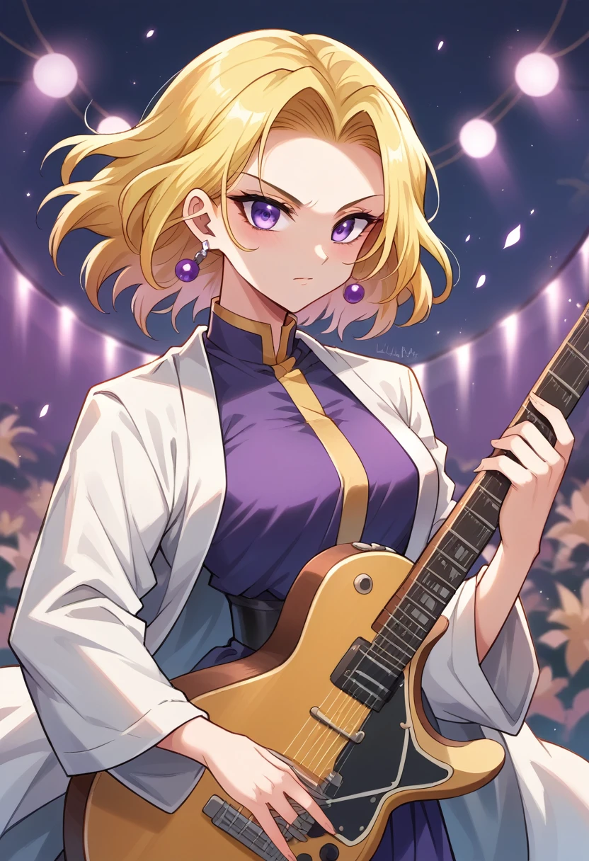 lendario vegeta dbz uchira rocker young girl latin with electric guitar and with multi-colored outfit yellow and purple gold and hair two colors exuding effortless illuminated with high-contrast shading and ultra HD clarity. background concert lights showcasing phenomenal detail revealing intricate patterns, ratio for a perfectly balanced composition, soft natural light allowing in manga estilo demon slayer