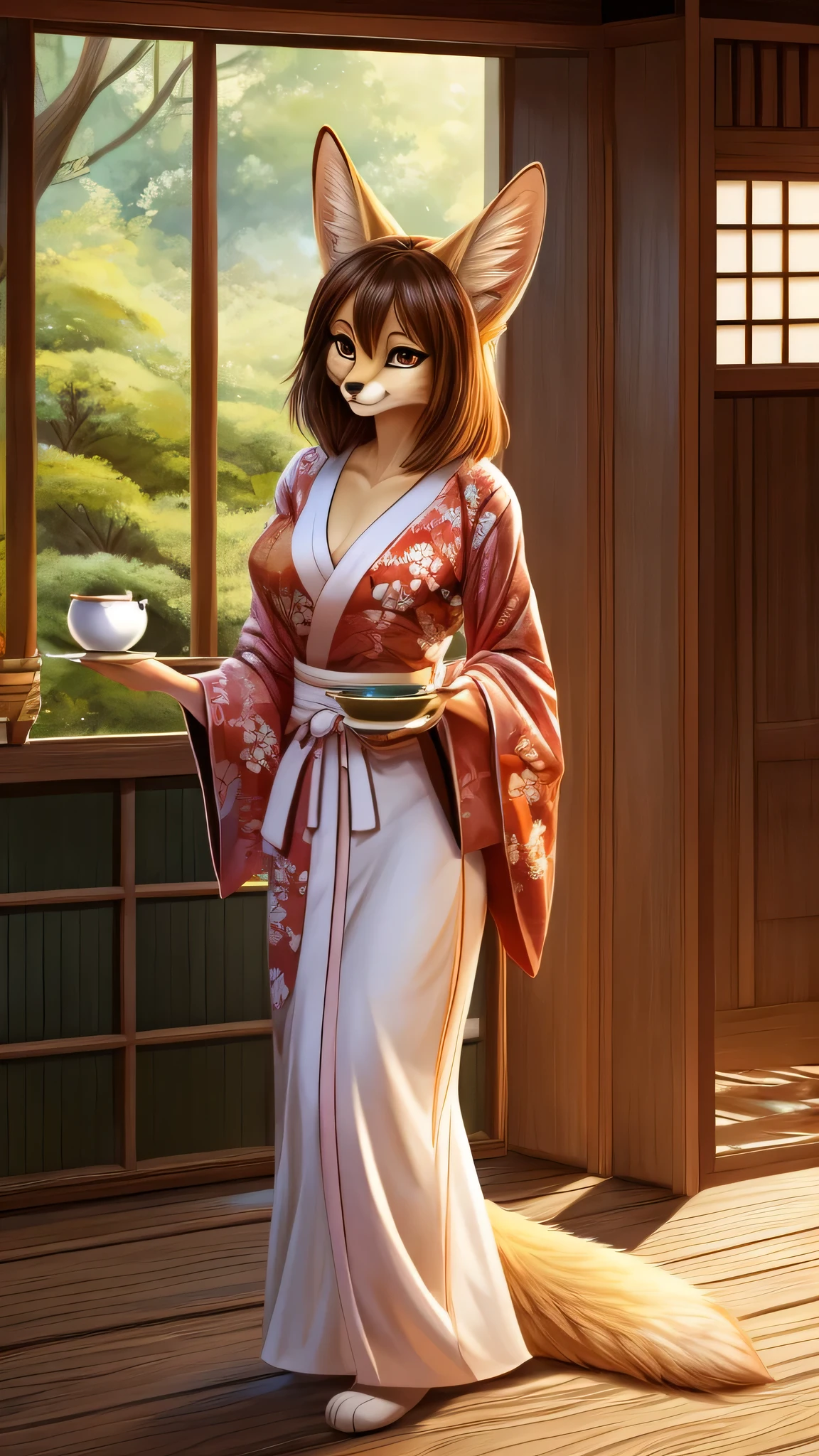 Uploaded to e621, fennec fox, female, kimono, serving tea, medium breasts,  medium waist, medium hips, medium butt,  hazel eyes, tall, medium hair, digital art, furry art, masterpiece, illustrations, definition, high quality, tea house, 