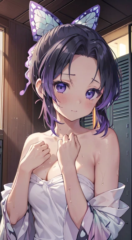 kochou shinobu, ((Top view, Wet Hair)), (((Wet Hair))),towelで髪を乾かす, ((Raise your hands)), (((shy), Standing)), (towel), (((locker room, evening))), ((((髪をtowelで乾かす, Put your hands up, side)))), ((shy, Sweat)) , whole body, boost mood, Ultra-realistic 8K CG,masterpiece,, ((Highly detailed background,Delicate pattern,Intricate details, Fine and beautiful eyes)),The best quality in the best condition,とてもとてもとても詳細なface, Highly detailed eyesとface,Highly detailed eyes,kochou shinobu,Multicolored Hair,No bangs,Hair Intake,, Purple eyes,,butterfly,band,(熱band庭園:1.2),Purple Flower,mostly cloudy null,Tyndall effect,slope_null,face,beautiful null,,Seductive posture,(Cleavage:1.3), woman,