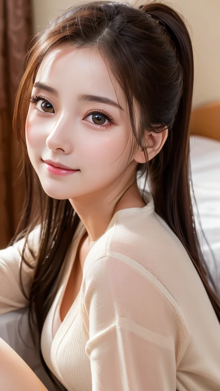 masterpiece, Highest quality, 8k, Blushed, (Upper Body:1.4), ?????, beautiful girl, Cute Face, Looking at the audience, smile, High resolution, photo shoot, High resolution, chromatic aberration, Sharp focus, High resolution, Face Light, Dynamic Lighting, Cinema Lighting, Professional Shadow, Most detailed, Very detailed, Very detailedな, finely, Real Skin, Delicate features, Detailed face and eyes, Sharp pupils, Small breasts、23 years old、Hotel、ponytail、sheer、cardigan、forehead、Sit on the bed、High angle、From above