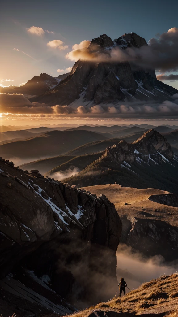a silhouette of a man on top of a mountain, victorious pose, sunrise in the background, dramatic lighting, epic landscape, beautiful sky, cloud formations, mountainous terrain, cinematic composition, golden hour, dramatic shadows, powerful, inspirational, atmospheric, stunning natural beauty
