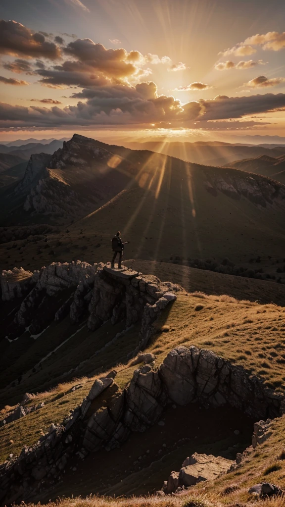 a silhouette of a man on top of a mountain, victorious pose, sunrise in the background, dramatic lighting, epic landscape, beautiful sky, cloud formations, mountainous terrain, cinematic composition, golden hour, dramatic shadows, powerful, inspirational, atmospheric, stunning natural beauty