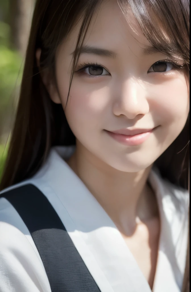 best quality, face focus, soft light, ultra high res, (photorealistic:1.4), RAW photo,(Shinozaki Ai), white skin, kawaii,
1 Japanese girl, solo, cute, (smile), (pupil, lights in the eyes), detailed beautiful face, Medium-sized breasts,(high resolution detail of human skin texture),(long hair),(portrait), upper body, white traditional kimono, in the forest,