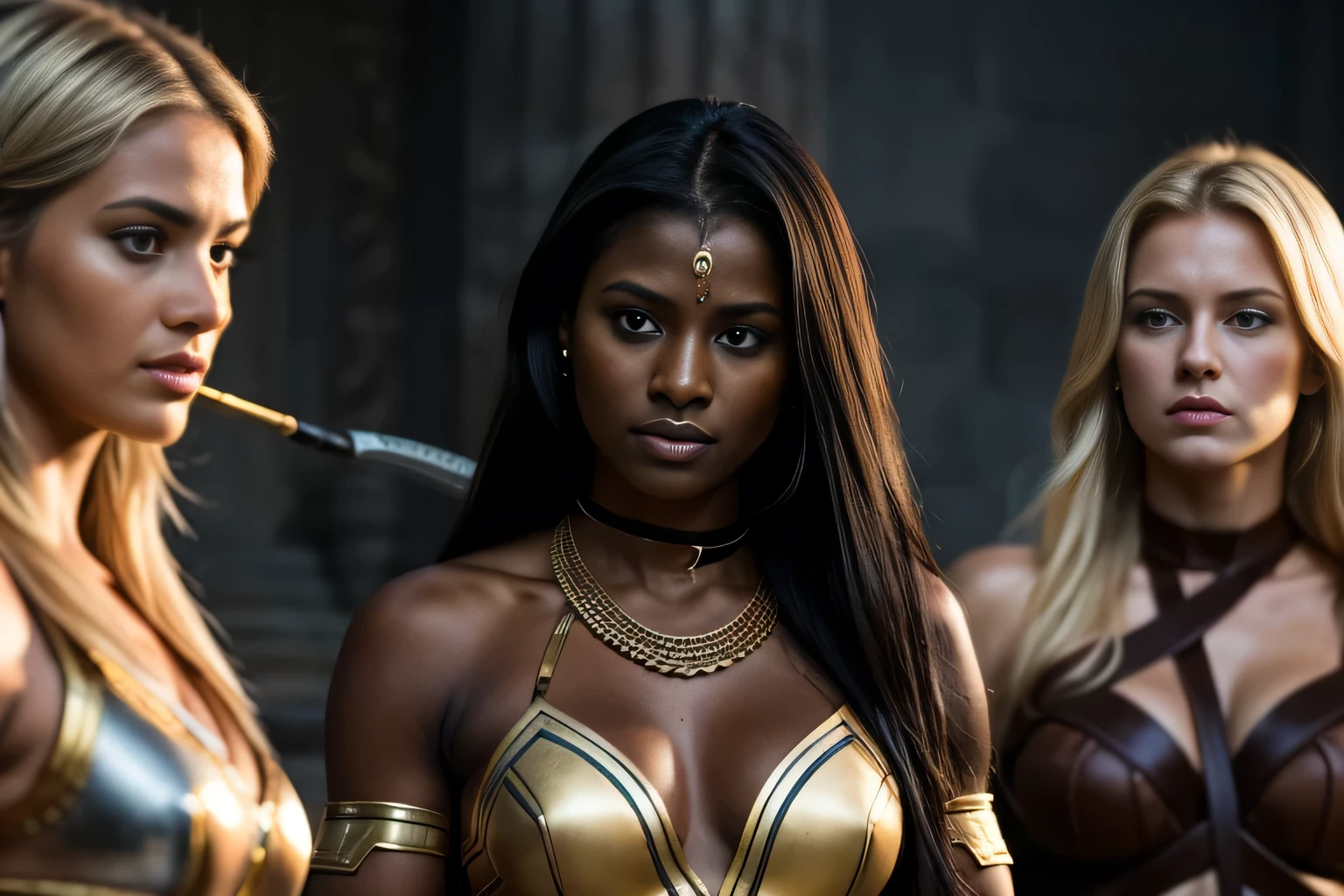 Beautiful dark-skinned woman, wearing Amazon warrior attire, holding a spear, in front of defeated blonde women