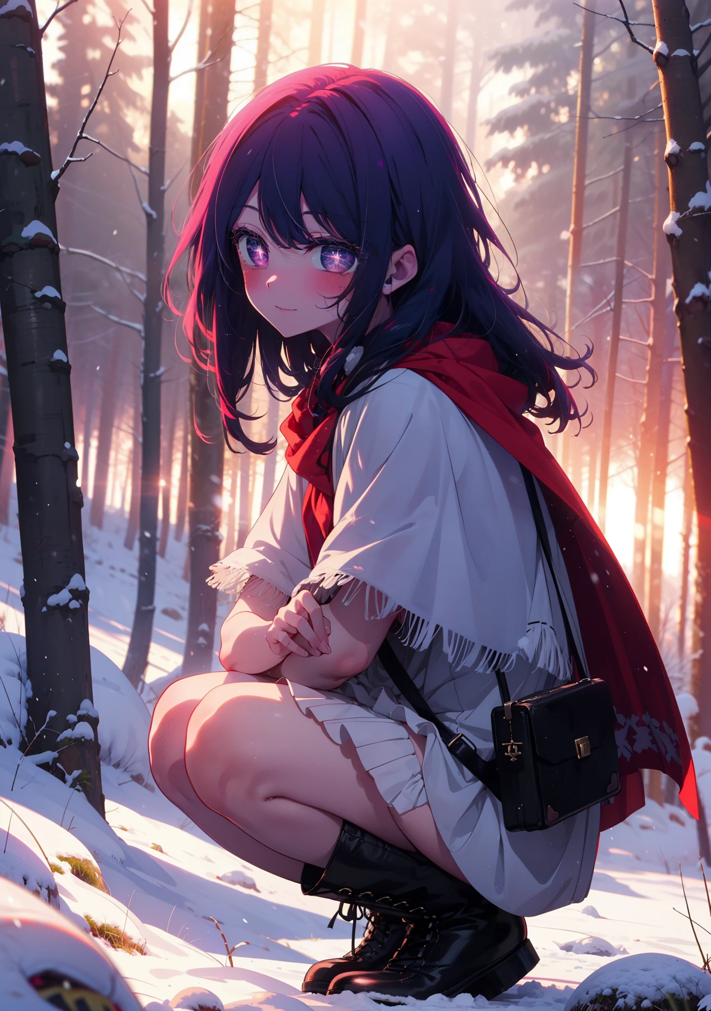 aihoshino, Ai Hoshino, Long Hair, bangs, (Purple eyes:1.1), Purple Hair, (Symbol-shaped pupil:1.5), smile,,smile,blush,white breath,
Open your mouth,snow,Ground bonfire, Outdoor, boots, snowing, From the side, wood, suitcase, Cape, Blurred, , forest, White handbag, nature, Squat, Mouth closed, Cape, winter, Written boundary depth, Black shoes, red Cape break looking at viewer, Upper Body, whole body, break Outdoor, forest, nature, break (masterpiece:1.2), Highest quality, High resolution, unity 8k wallpaper, (shape:0.8), (Beautiful and beautiful eyes:1.6), Highly detailed face, Perfect lighting, Extremely detailed CG, (Perfect hands, Perfect Anatomy),