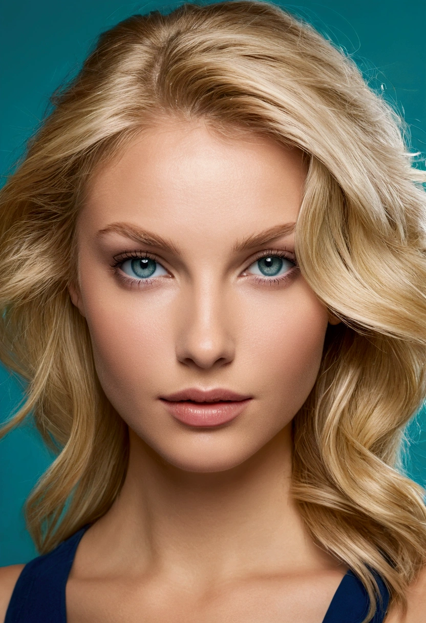 femme environ 28 ans, cheveux blonds naturels ondulé, yeux verts bleu distinctif  mince et gracieux,, Beau,  Mise au point ultra nette, tir réaliste, Les vêtements casual , couleur tétradique (cicatrice:1.4) machoire dessiné, nez droit