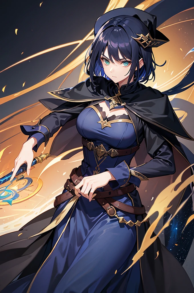 Woman, mage, short dark blue hair with, badass magician clothes, arcanist, mage black hat, sword, midnight blue hot dress, green eyes