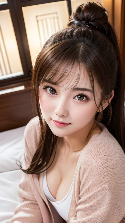 masterpiece, Highest quality, 8k, Blushed, (Upper Body:1.4), naked, beautiful girl, Cute Face, Looking at the audience, smile, High resolution, photo shoot, High resolution, chromatic aberration, Sharp focus, High resolution, Face Light, Dynamic Lighting, Cinema Lighting, Professional Shadow, Most detailed, Very detailed, Very detailedな, finely, Real Skin, Delicate features, Detailed face and eyes, Sharp pupils, Small breasts、23 years old、Hotel、ponytail、sheer、cardigan、forehead、Sit on the bed、High angle、From above、Open your mouth a little