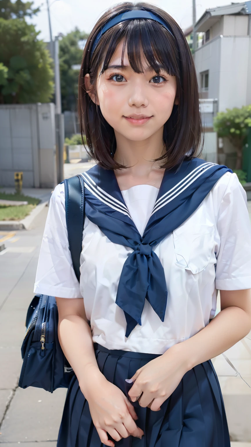sailor uniform, One Woman, (Beautiful woman, delicate :1.3), Black Hair, bob cur hair, Patsun, 8k, Highest quality, masterpiece, Very detailed, Ultra-high resolution, Realistic, RAW Photos, Absolute Resolution, Black Hair, Navy blue sailor uniform, (Navy blue pleated skirt:1.4), Realistic high school girl, (White headband:1.4), Small breasts, expensive, Bright Blue Eyes, (In front of the school gate), smile, (standing pose:1.4), (one school bag on shoulder:1.4), (long skirt:1.4), slender female body, Blur the background, junior high school student, (looking at the camera:1.4)