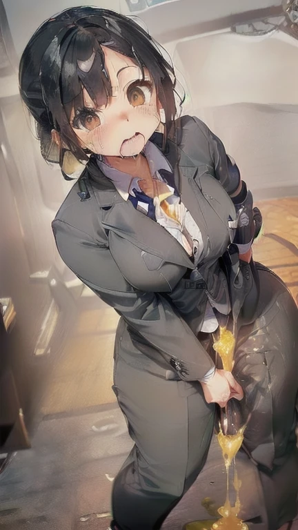 (must be follow these prompts:2.2),masterpiece,best quality,extremely detailed,(in her clothing:3.0),(in her formal styled business suit clothing:2.6),(adorable girl:2.5),(usual face:2.2),(displayed one girl on single picture:2.4),(black hair:2.1),(this girl is lower height:2.3),(ejaculated semen is cling damply to all body:2.4),(A small, curvy new employee working in modern Tokyo wearing a dark grey business suit jacket and trousers:2.1),(A cute moan like a young girl:2.2),(The new employee was squirting from the very light amber-colored semen that had soaked into his dark grey suit.:1.7),(The new employee was wearing a business suit and had been ejaculated on there a long time ago, leaving a very light brownish yellowish stain with varying shades of color.:1.6),(その新入社員はfirst time々It gives a cute and innocent impression.:2.4),(The new employee succumbed to her carnal desires and played with her clitoris through her pants.:1.8),(The new employee's breasts, covered by her business suit, are bulging out due to her strong sexual desire.:2.4),(libidonous tumultus are makes sensuous reaction of her body:2.5),(Lewd love juices dripping down the inner thighs of his dark grey trousers:2.2),(in her clothing massively ejaculated:2.6),(men's elected twangers were inserted her:2.3),(libidonous:2.3),(The new employee with a plump, round body smells very semen-like.:2.3),(she was already stroked up to the depth intervaginal sensual spot:2.3),(her hidden vagina is certainly fertilized:2.3),(notably buldged up her inner labia majora:2.9),(A young, shy moan:1.5),(having big breasts in her clothing:2.6),(A new employee with an innocent look working in the office:2.3),(The new employee is short but has a slightly plump body.:2.1),(The crotch of his dark grey trousers is discolored with love juice stains.:2.5),(The new employee is convulsing and dripping love juice from her pussy, which is hidden under her pants.:1.8),(The new employee's dark grey trousers, encircling her plump thighs, are damp with lascivious secretions.:2.0),(The new employee endures the slush between his legs by keeping his dark grey trousers on.:2.5),(A new employee who is always holding his crotch over his dark grey trousers:1.7),(A moan filled with childish embarrassment:1.5),(The new employee's suit-covered breasts and nipples are bulging with lust.:1.8),(The new employee has a very lewd body hidden under her clothes.:2.2),(The new employee works very diligently.:2.5),(The new employee has short, thick legs.:2.2),(first time々New Employees:2.2),(she looks like japanese idol:2.3),(The dark grey trousers are made of a durable fabric that will never tear.:4.3),(Her bursting breasts are completely hidden under a dark grey office suit:2.4),(she looks like a lolita:2.0),(All of this happened to the new employee himself, not anyone else.:3.1),(tough business suit:2.2),(Make sure to depict the face:5.3),(Calm expression:4.3),(Innocent face:3),(The story focuses on just that one new employee.:3.3),(The only characters that appear are the new recruits.:4.2),(Portrait Style:5)