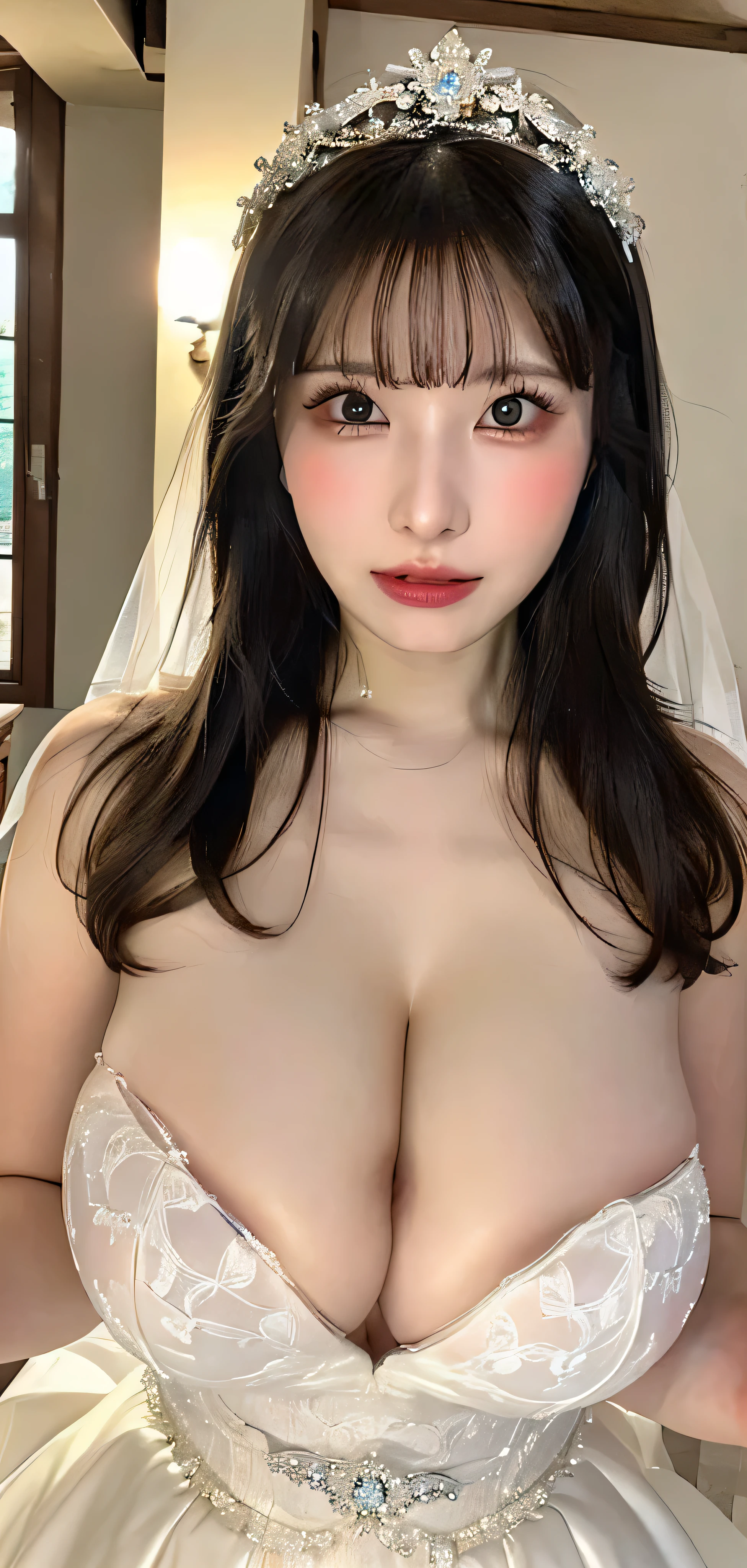 ((RAW images)),(Tabletop),(Highest quality, Realistic, In detail, High resolution, 8k wallpaper),(Super Detail),((Very delicate and beautiful)),Focus on the characters,Dynamic Angle,View your viewers,((alone)),Are standing,((whole body)),((A princess wearing a gorgeous ball gown wedding dress with a voluminous skirt)),((June Bride)),Detailed face and eyes,Jewel-like eyes,((Very long and voluminous hair)),Gorgeous embroidery and lace,((Gorgeous corsage)),See through,(Gorgeous Jewelry Ornaments),Luxury hair accessories,Gorgeous jeweled tiara,Gorgeous frills,((Super Breasts)),indoor,Church wedding,((whole body)),Hoop skirt,crinoline,very long wedding veil,(((A mix of bejeweled wedding dresses and lavishly embroidered Rococo ball gowns))), (((Very large breasts bigger than a face:1.99))), ((Beautiful golden ratio face)), ((A beautiful bride wearing a tiny dress that is so obscene and seductive that it attracts attention from all around.))
