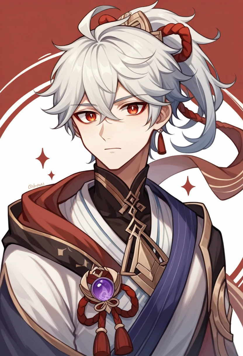 score_9,score_8_superior,score_7_superior, Maple Plains_Number, 1人のmaleの子, male_concentrated, Genshin Impact_Impact, red_eye, High resolution, ed_hair, white_hair, hair_betweeye, Japanese_Clothes, Crossed_前hair, ponytail