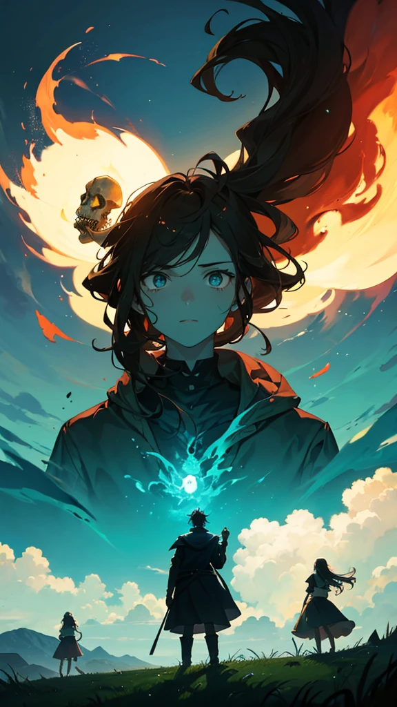 man holding a burning skull on a green plateau with a blue sky, and with two girls by his side
