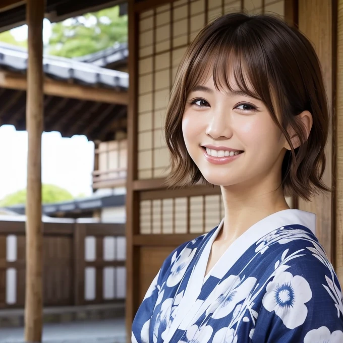 Japanese，Bob，Brown Hair，Drooping eyes，yukata，Mouth closed，smile，Upper Body，