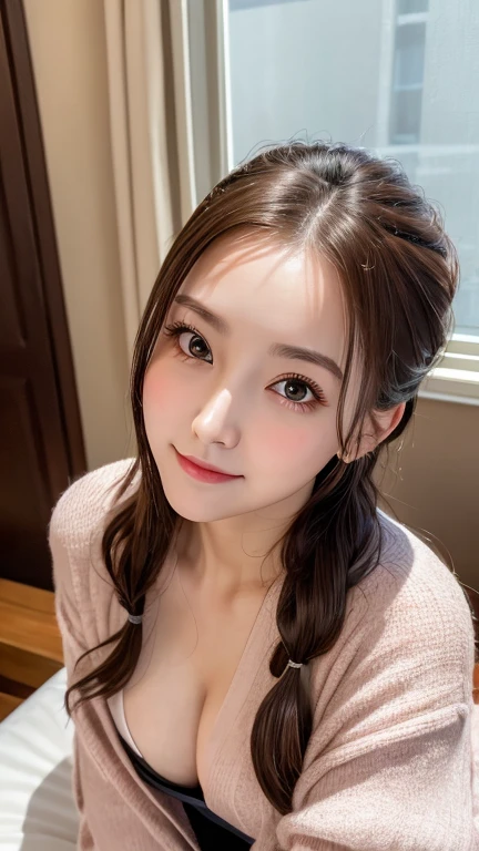 masterpiece, Highest quality, 8k, Blushed, (Upper Body:1.4), naked, beautiful girl, Cute Face, Looking at the audience, smile, High resolution, photo shoot, High resolution, chromatic aberration, Sharp focus, High resolution, Face Light, Dynamic Lighting, Cinema Lighting, Professional Shadow, Most detailed, Very detailed, Very detailedな, finely, Real Skin, Delicate features, Detailed face and eyes, Sharp pupils, Small breasts、23 years old、Hotel、ponytail、sheer、cardigan、forehead、Sit on the bed、High angle、From above、Open your mouth a little