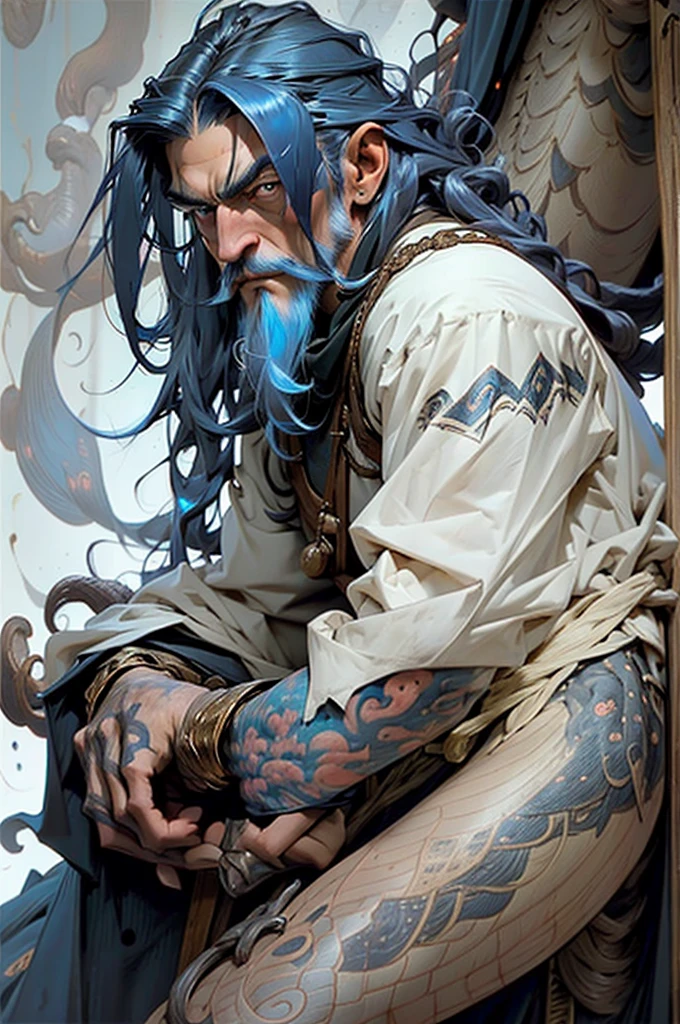 male, vampire, long blue hair, pointed beard, man, black cloak, white gloves, brown eyes, blue skin, very long hair, hanging hair on face