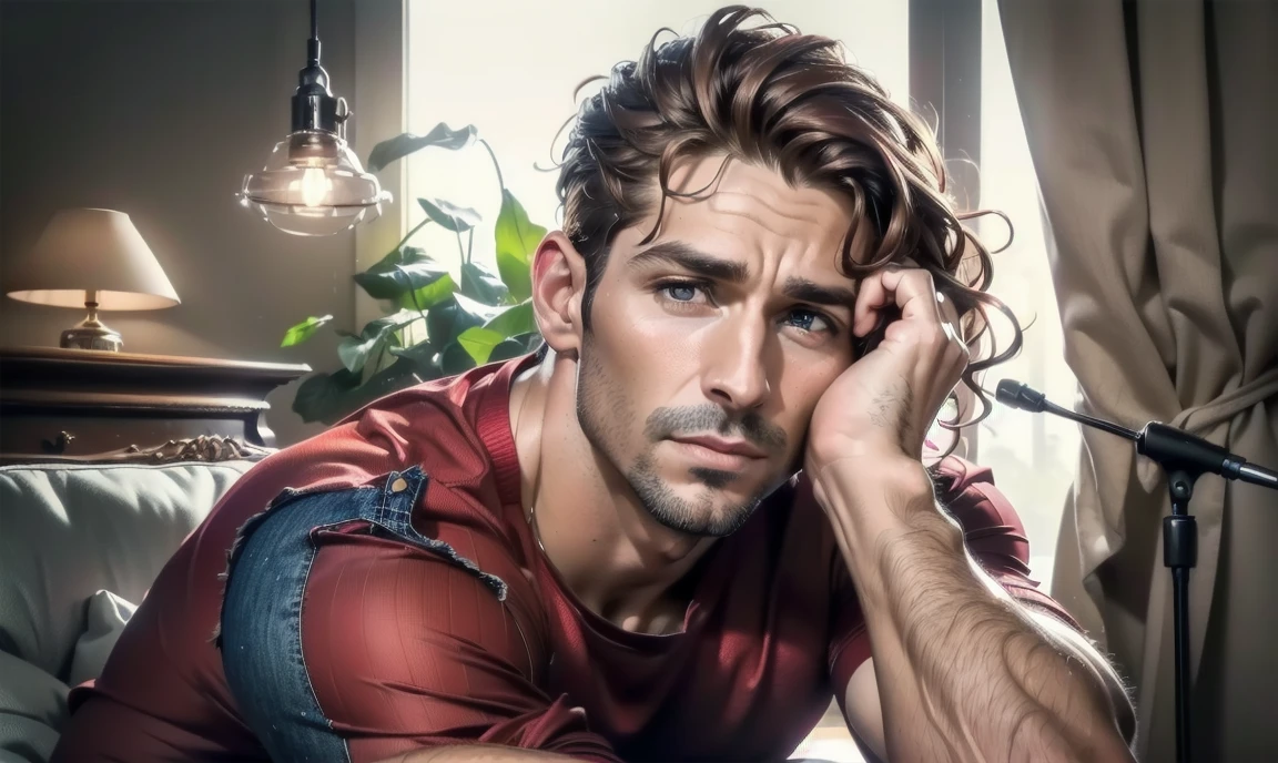 "((highly detailed, detailed eyes, detailed face, clear and realistic facial features, photorealistic, realistic light; cinematic)), (1 man), ((((cozy studio background)))), (((sophisticated gorgeous refined male artist))), ((37-year-old man)), ((strangely beautiful yet masculine)), ((((intense fascinated expression)))), ((seductive mood)), (((hazel brown eyes))), ((long wavy red hair tied half up)), (((dressed in a red shirt and jeans)))."
