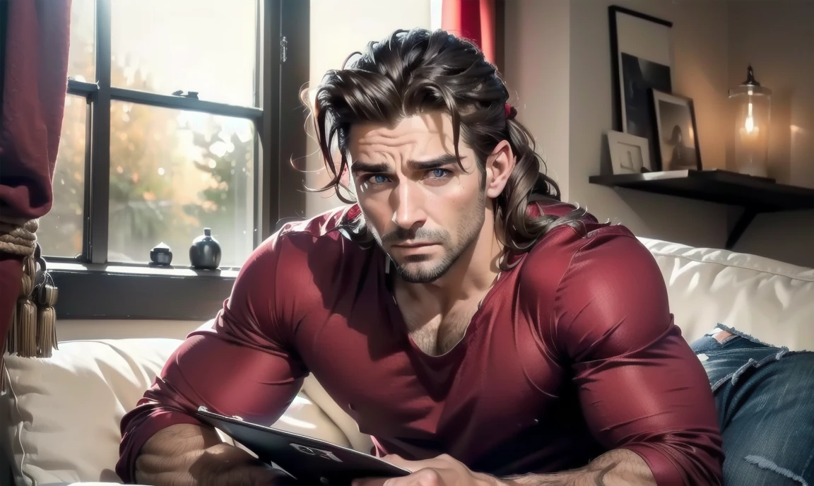 "((highly detailed, detailed eyes, detailed face, clear and realistic facial features, photorealistic, realistic light; cinematic)), (1 man), ((((cozy studio background)))), (((sophisticated gorgeous refined male artist))), ((37-year-old man)), ((strangely beautiful yet masculine)), ((((intense fascinated expression)))), ((seductive mood)), (((hazel brown eyes))), ((long wavy red hair tied half up)), (((dressed in a red shirt and jeans)))."