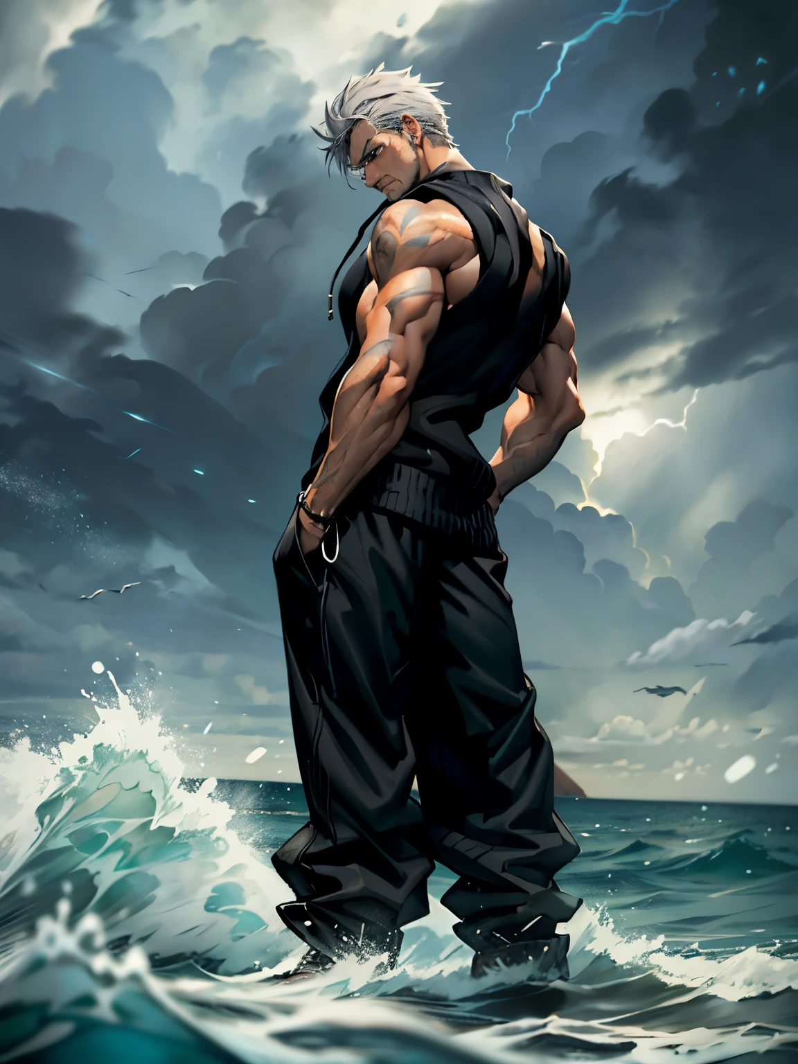 1boys, 26 Years old, Serious face, (((muscular))), ((black sleeveless sweater, hoodie)), black pants, gray hair, standing in ocean, storm weather,