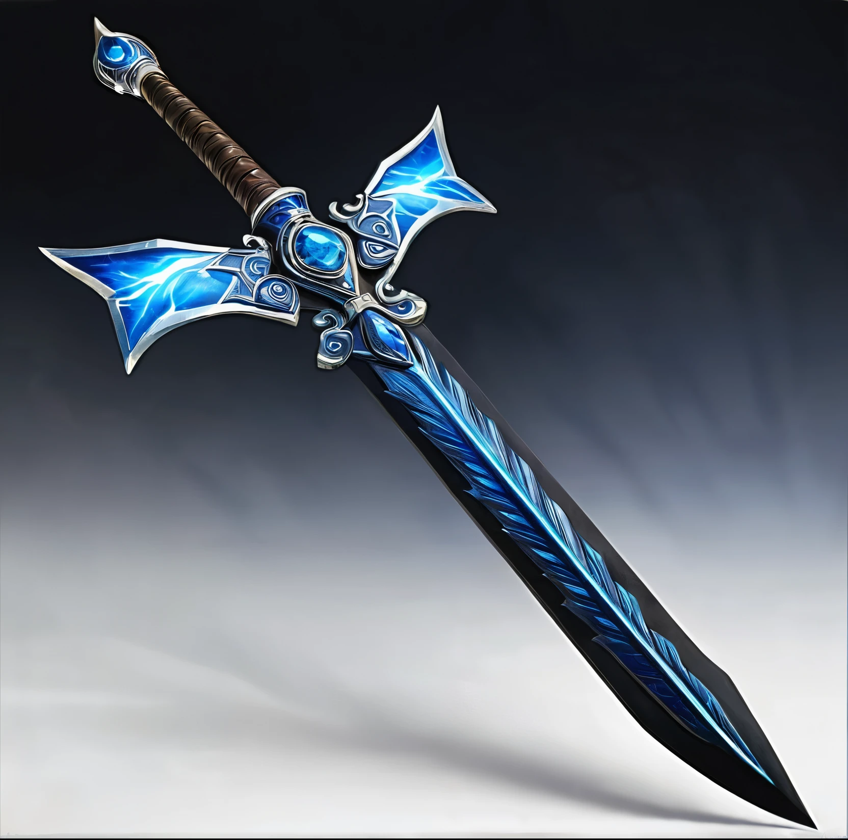 The Macuahuitl is a legendary weapon forged from Rayothium, a bluish black ore that captures the essence of the night. The weapon has blades as sharp as shark teeth., with a deep blue tone, that evoke an aura of a relentless predator. The base of the Macuahuitl is adorned with intricately drawn rays, whose sparks and pulsating lightning snake along the length of the weapon, as if capturing the very essence of the storm. Highlight the shine of the Raiothium metal and the contrast between the blue blades and the electric details.