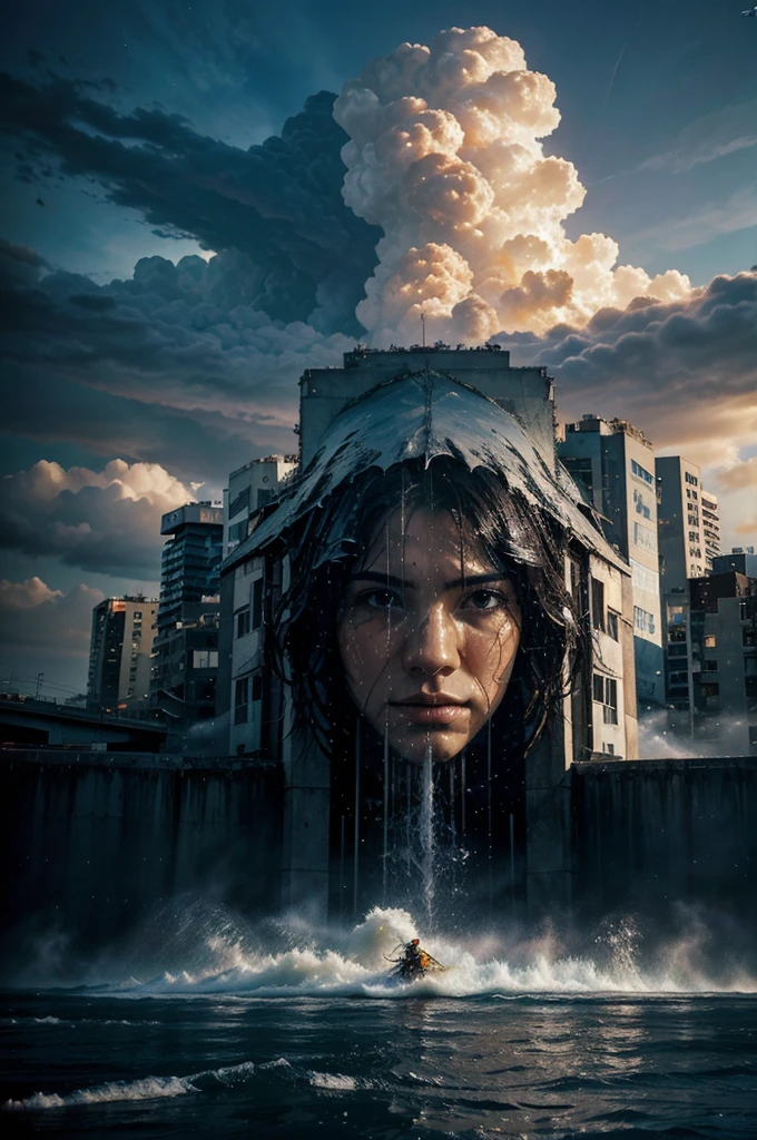 abstract face in a city landscape, a photorealistic painting by Mark English , [:anime line art:0.2], celestial and Heat and Thunder and Water themed, epic splash art , auto-destructive art, , abstract