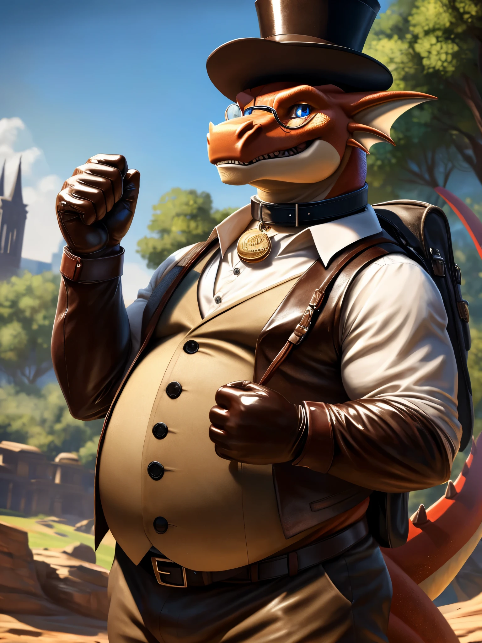 (high quality,4k,8k,highres,masterpiece:1.2),ultra-detailed,(realistic,photorealistic,photo-realistic:1.37), masterpiece,(intricate details), captivating artwork, artistically rendered, masterful strokes, attention to detail, tasteful composition, alluring charm, careful shading, great attention to anatomy, meticulous rendering, impeccable craftsmanship, vivid colors, perfect balance between realism and fantasy. Solo, Male, fat, extremely obese, gentleman, dapper Professor Dragon, blue eyes, (posing:1.3), (soft shading), 4k, hi res, ((detailed face, detailed)), looking at viewer, mouth wide open, steampunk, collared shirt with buttons, top hat, male focus, Explorer Outfit, glasses, monocle, bag, vest with buttons, backpack, sleeves rolled up, round eyewear, brown headwear, brown vest, Dragon is wearing a glossy leather dog collar around the neck, Dragon is wearing the leather collar and shirt and vest at the same time, Dragon is wearing glossy white rubber gloves on the hands, wearing white rubber gloves on the feet, gloves are rubber in texture, clenching teeth, clenching fists, leather collar is glossy and shiny with a lot of detail, Dragon is wearing gloves and leather collar at the same time, leather collar has a round dog-tag, leather collar is thick and detailed.