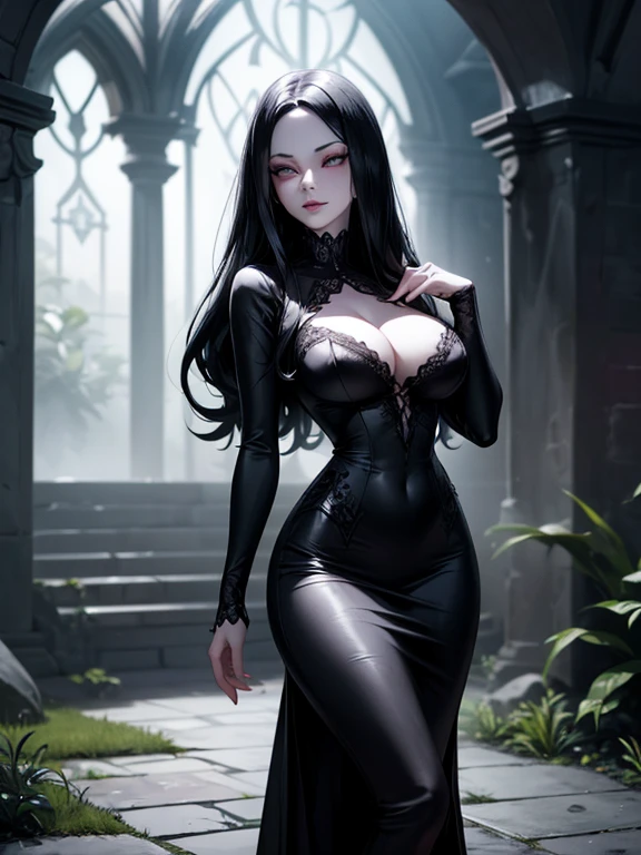 Morticia Addams, wearing transparent black gothic dress cleavage showing, pale white skin, black hair, beautiful detailed eyes, luscious big round breasts, slim waist, wide hips, perfect slim body, ; PhotoRealistic, Ultrarealistic, highres, 8k, dark cinematic lighting; cobblestone garden behind her house, night time, 
