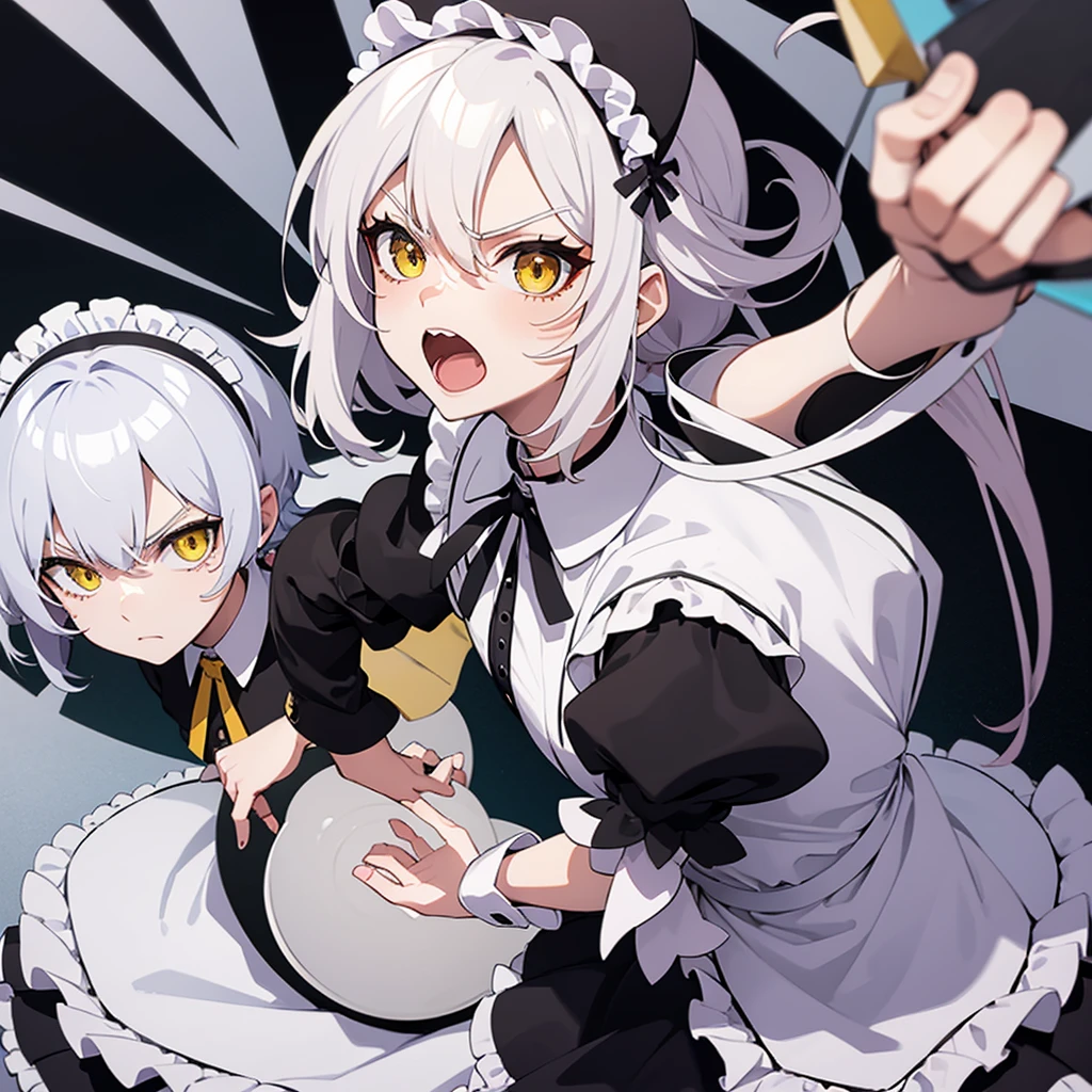 Female anime character with the following characteristics: two-color hair half white and half black, yellow eyes, maid costume and angry expression.